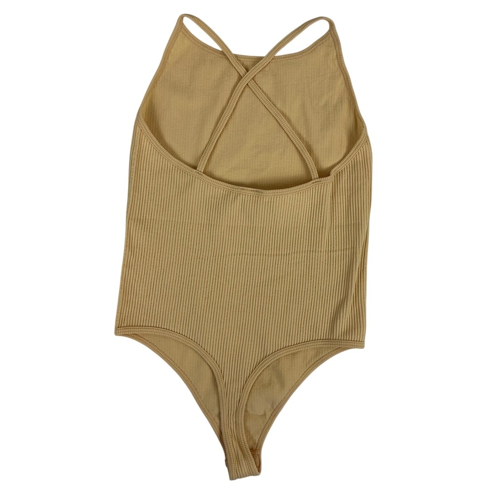 NWOT Mono B Ribbed Bodysuit Small Tan Sleeveless Cross Back Casual‎ Top - Picture 3 of 7